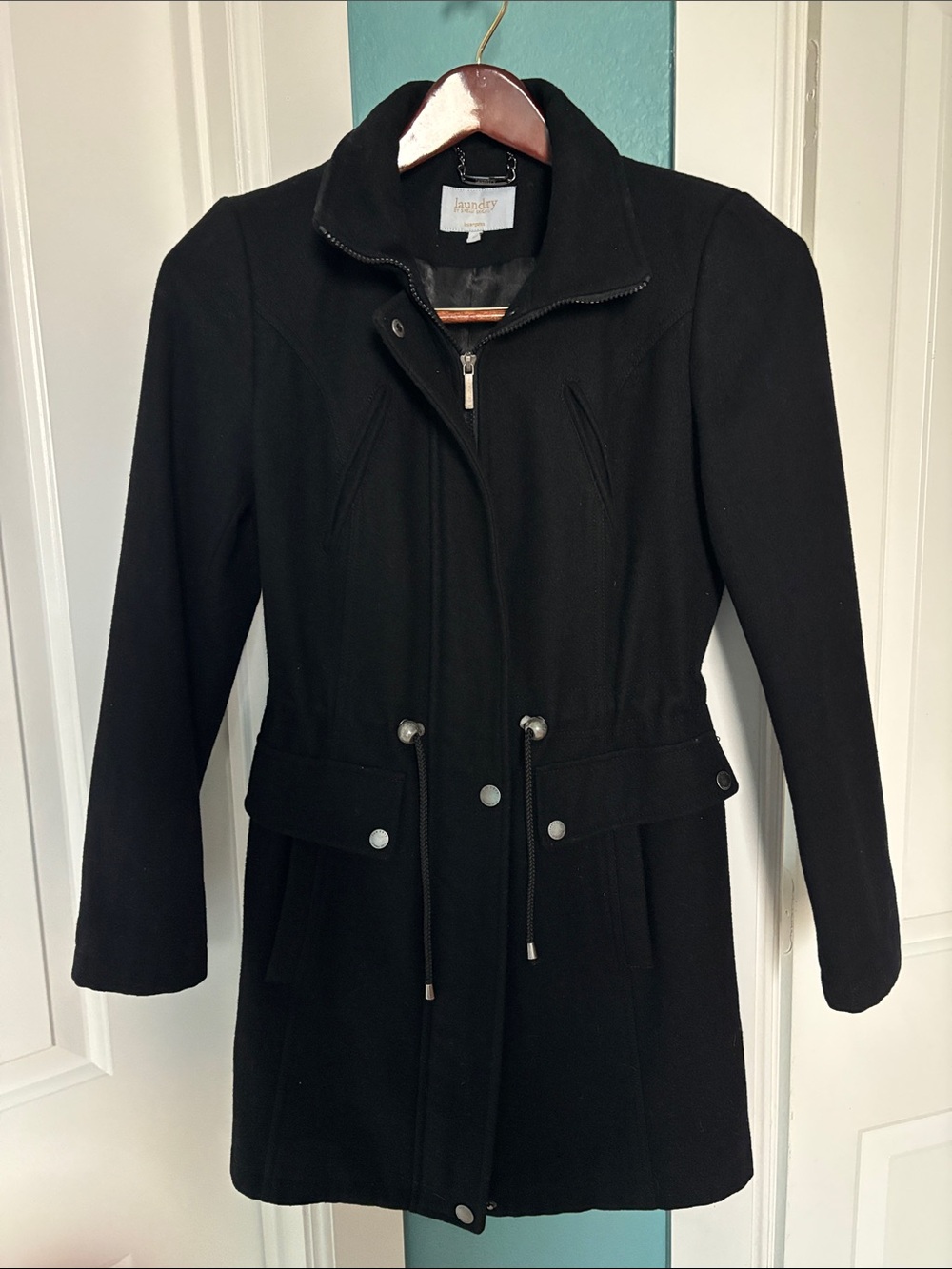 Laundry By Shelli Segal Black Drawstring Wool-Blend Trench Coat